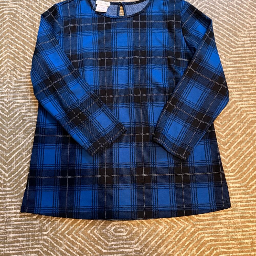 Van Heusen Women’s Medium Blue Black Plaid Long Sleeve Career Blouse Top